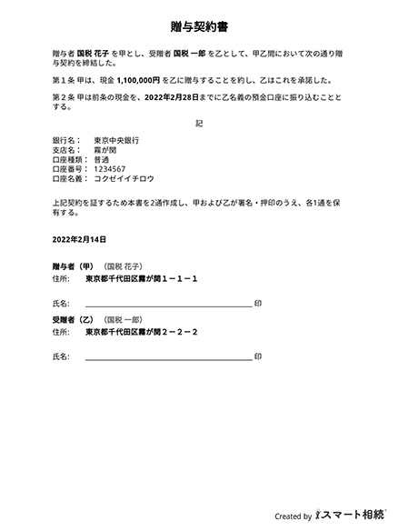 スマート相続アプリで作成される贈与契約書（サンプル）